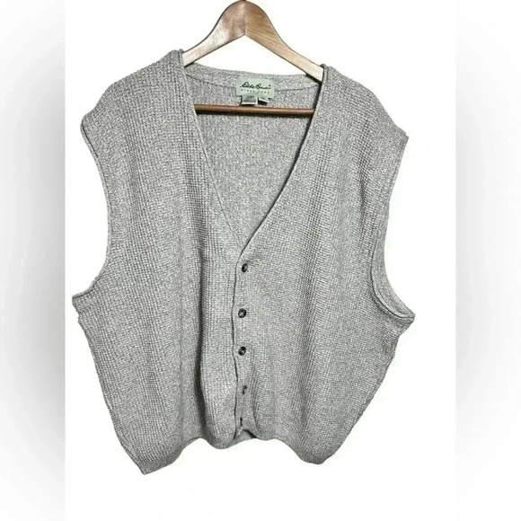 VINTAGE Eddie Bauer Sweater Vest Cardigan Beige Chunky Knit Made in USA Mens XL - Picture 1 of 7